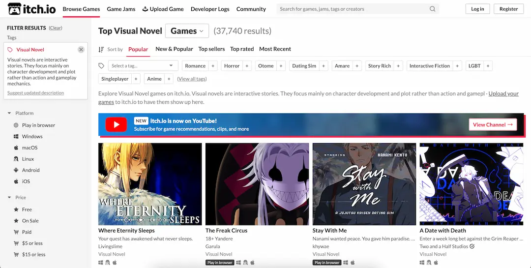 itch.io 游戏平台上“视觉小说”类的游戏